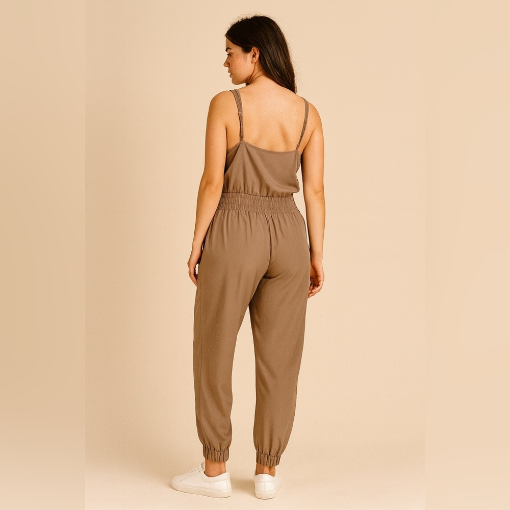 Abercrombie & Fitch Taupe Brown Utility Jumpsuit Elastic Waist Jogger Cuffs - Picture 3 of 14